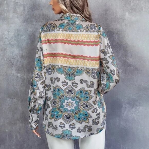 paisley Button down Front long sleeve Shirt Blouse - Picture 5 of 7